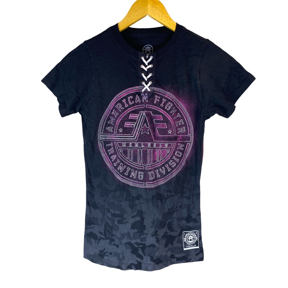 American Fighter Womens Training Division Lace Up Graphic T-Shirt Black Purple M